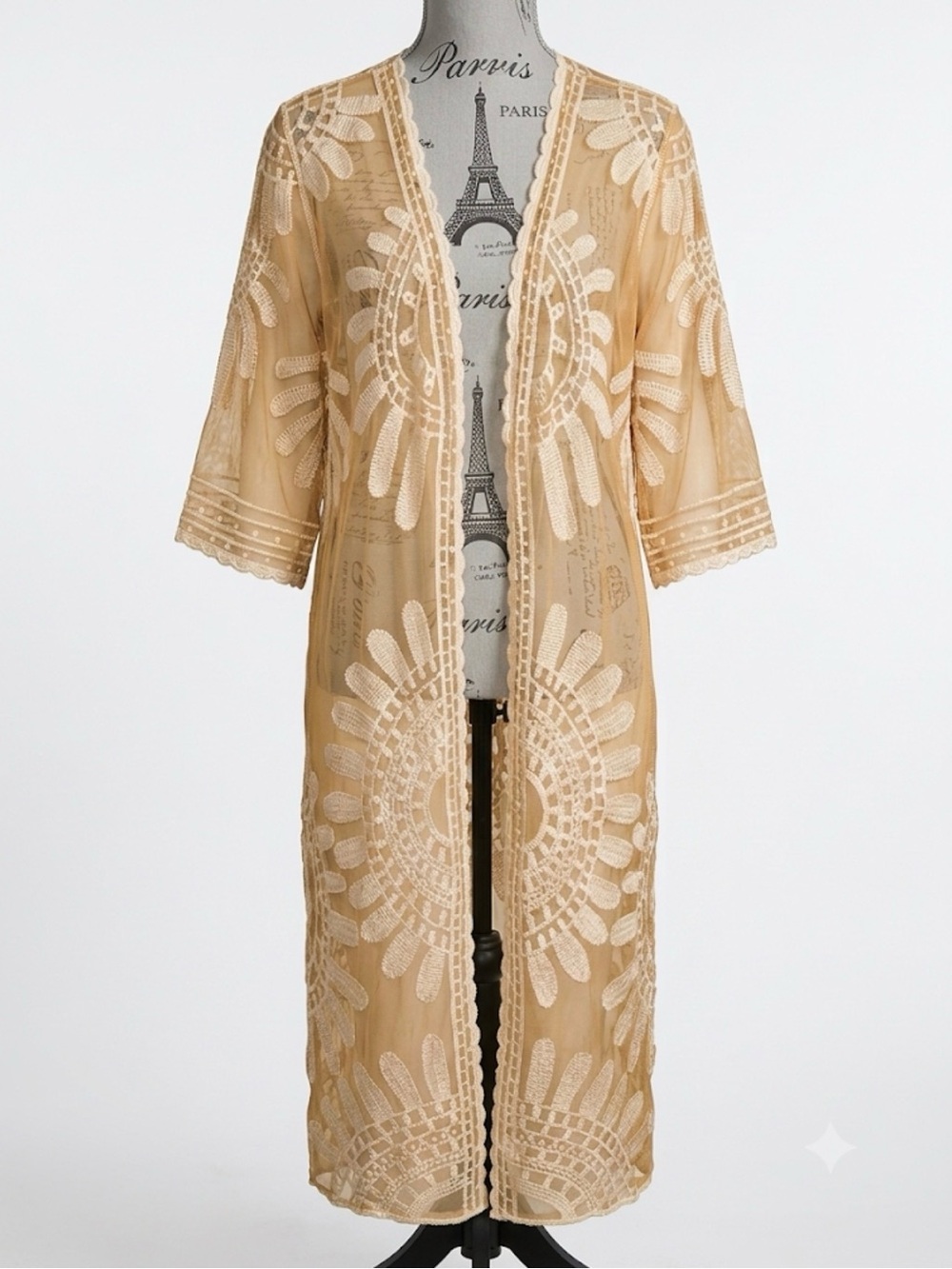 Rebellion by Sanctuary Embroidered Lace Sheer Kimono Cardigan Beige Size L